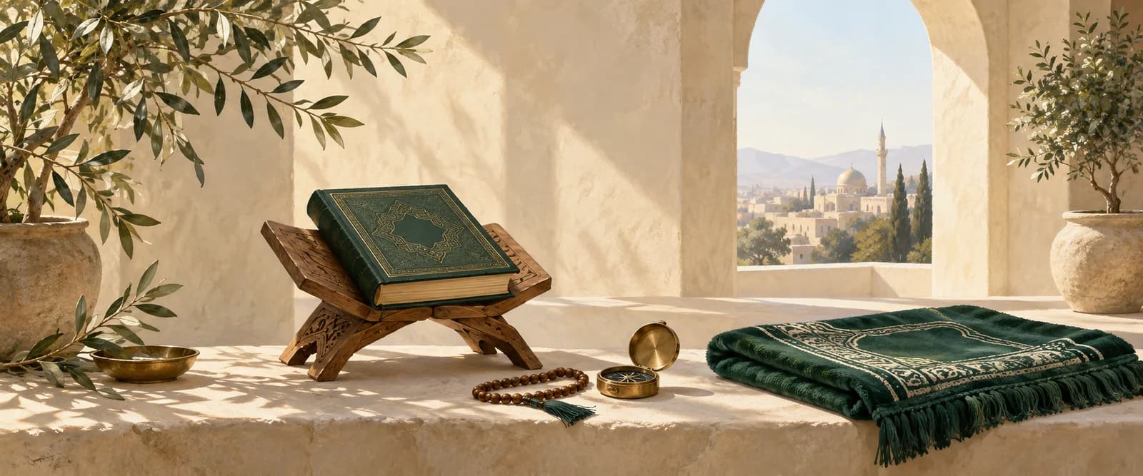 A Quran on a wooden stand, prayer beads, a compass and a prayer rug in a sunlit courtyard